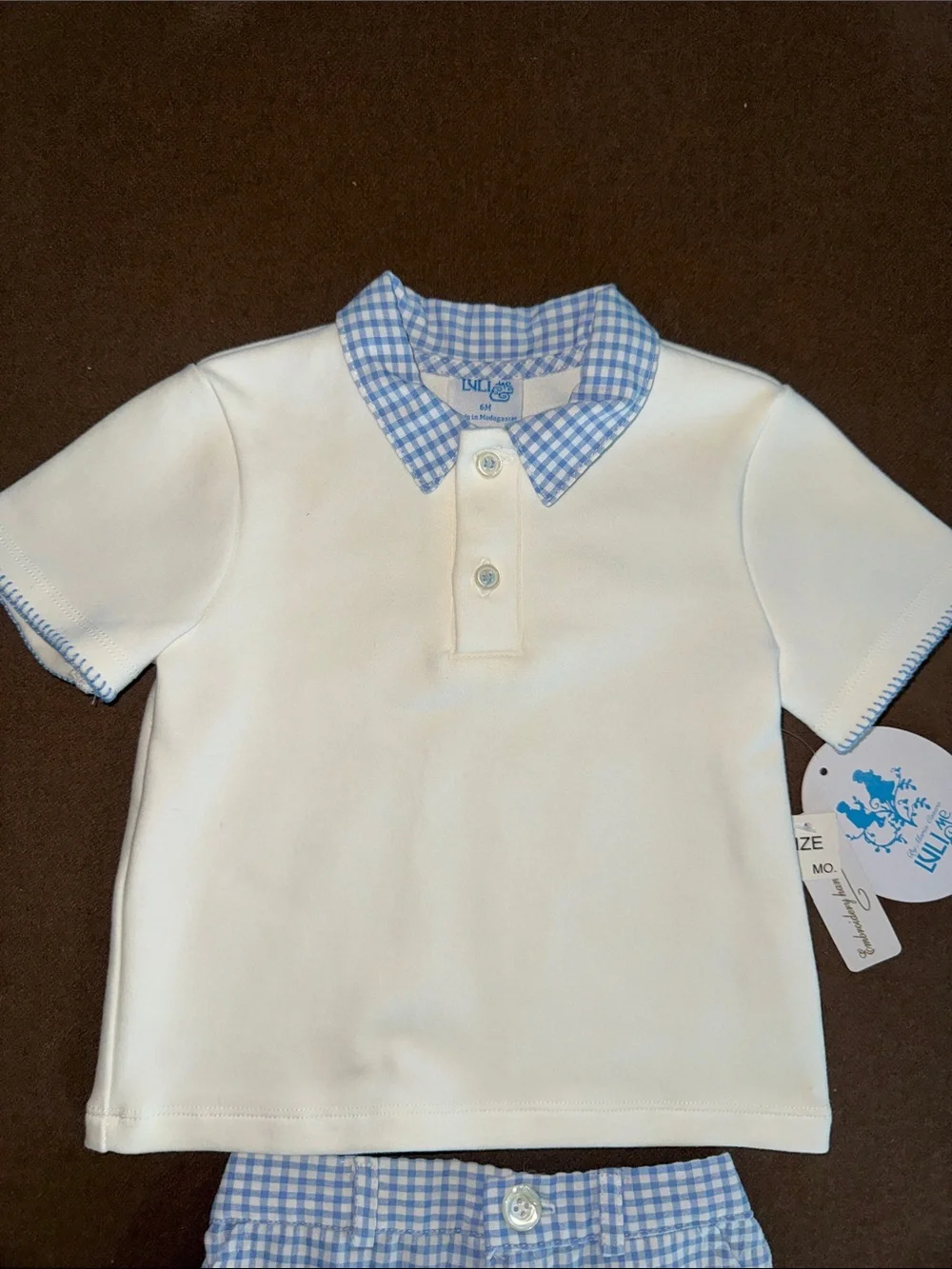 Luli & Me White Polo with Blue Gingham Collar and Shorts Set